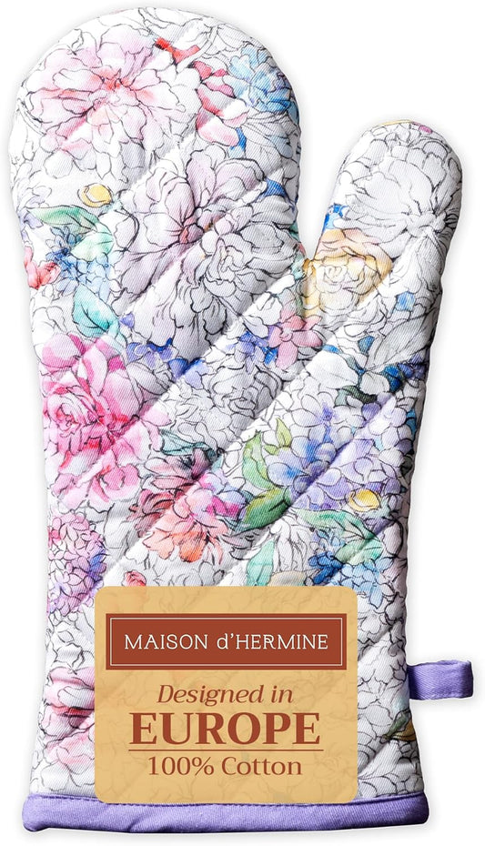 Maison d' Hermine Oven Gloves 100% Cotton Oven Mitt 7" x 13" with Loop Heat Resistant, BBQ, Cooking Gloves, Baking, Grilling, Kitchen, Handling Hot Pans Spring/Summer (Pack of 1, Floral Love)