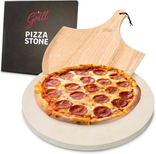 HANS GRILL PIZZA STONE | Circular Pizza Stone For Oven Baking & BBQ Grilling With Free Wooden Peel | Extra Large Round 15" Inches Diameter (38CM) Durable Cordierite Cooking Stone.