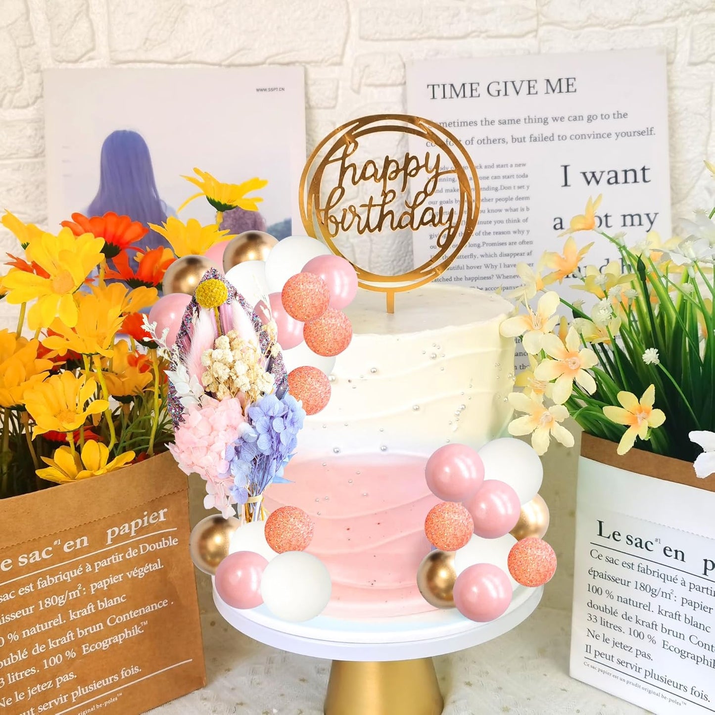 Gyufise 21 Pack Flower Boho Cake Topper Ball Cake Decorations Palm Leaves Plants Cake Decor for Girl Bohemian Princess Theme Wedding Baby Shower Birthday Party Supplies Pink