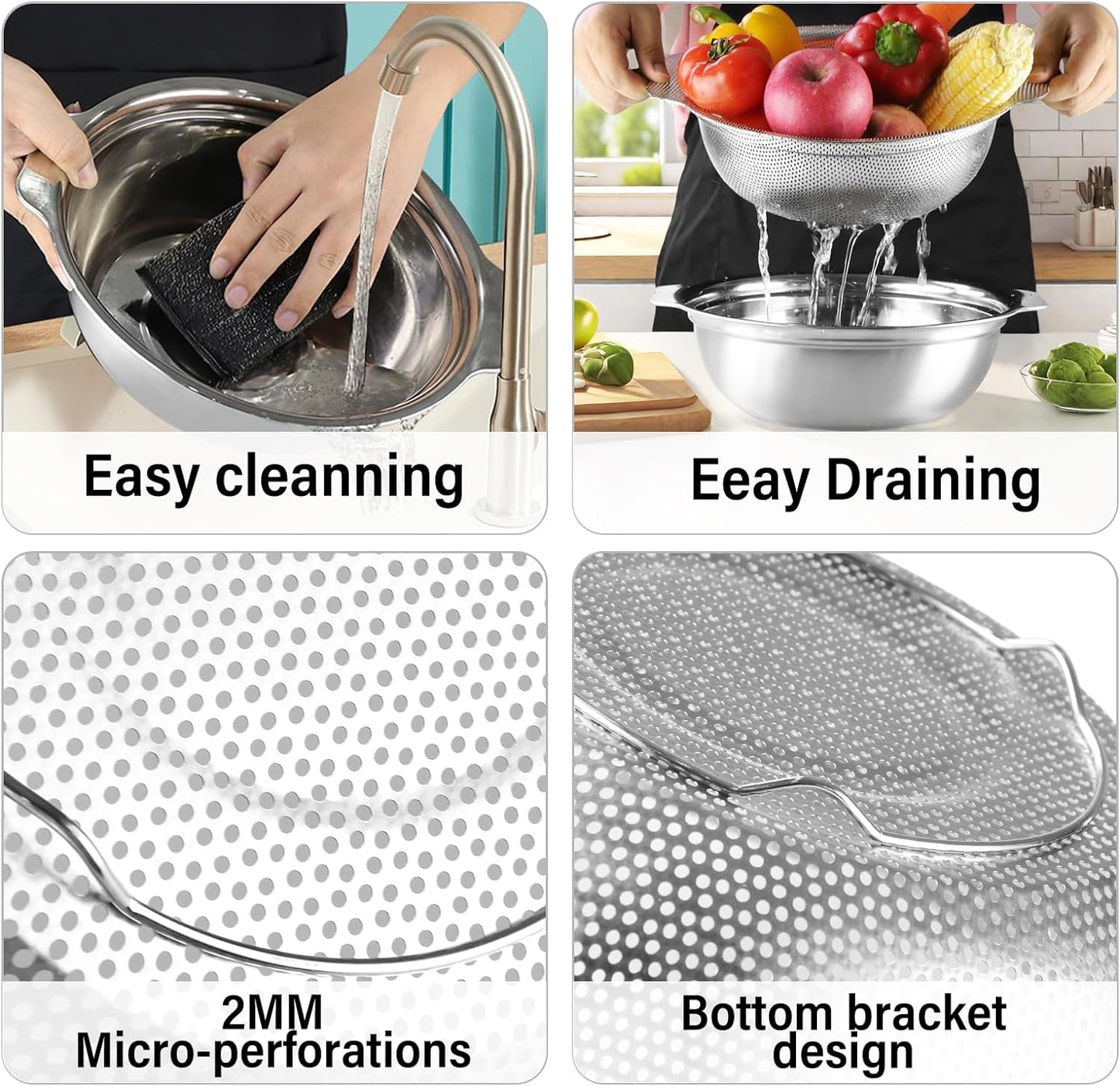Stainless Steel Colander for Kitchen, 2.5QT Rice Washer Strainer with Mixing Bowl, Colander Bowl Set with Microporous for Washing Rice, Pasta, Spaghetti, Fruits, Dishwasher Safe(2PC)