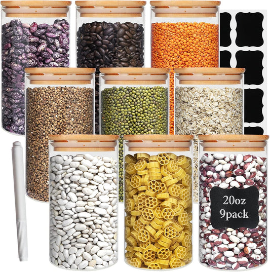 Glass Food Storage Containers Jars with Airtight Bamboo Lid 20 oz 9 pcs, 590 ml Pantry Organization Jar, Glass Terrarium with Lid, Spice, Flour and Sugar Container, Canister Set for Kitchen Counter