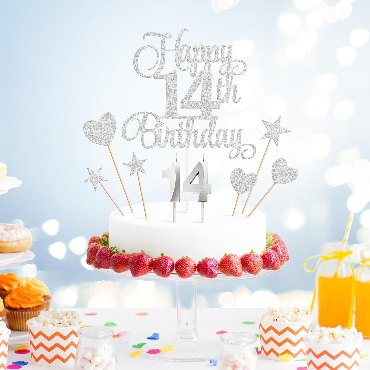 14th Birthday Cake Decorations, 14th Birthday Candles Cake Numeral Candles and Glitter Happy 14th Birthday Cake Toppers Set for Birthday Party Supplies (Silver)