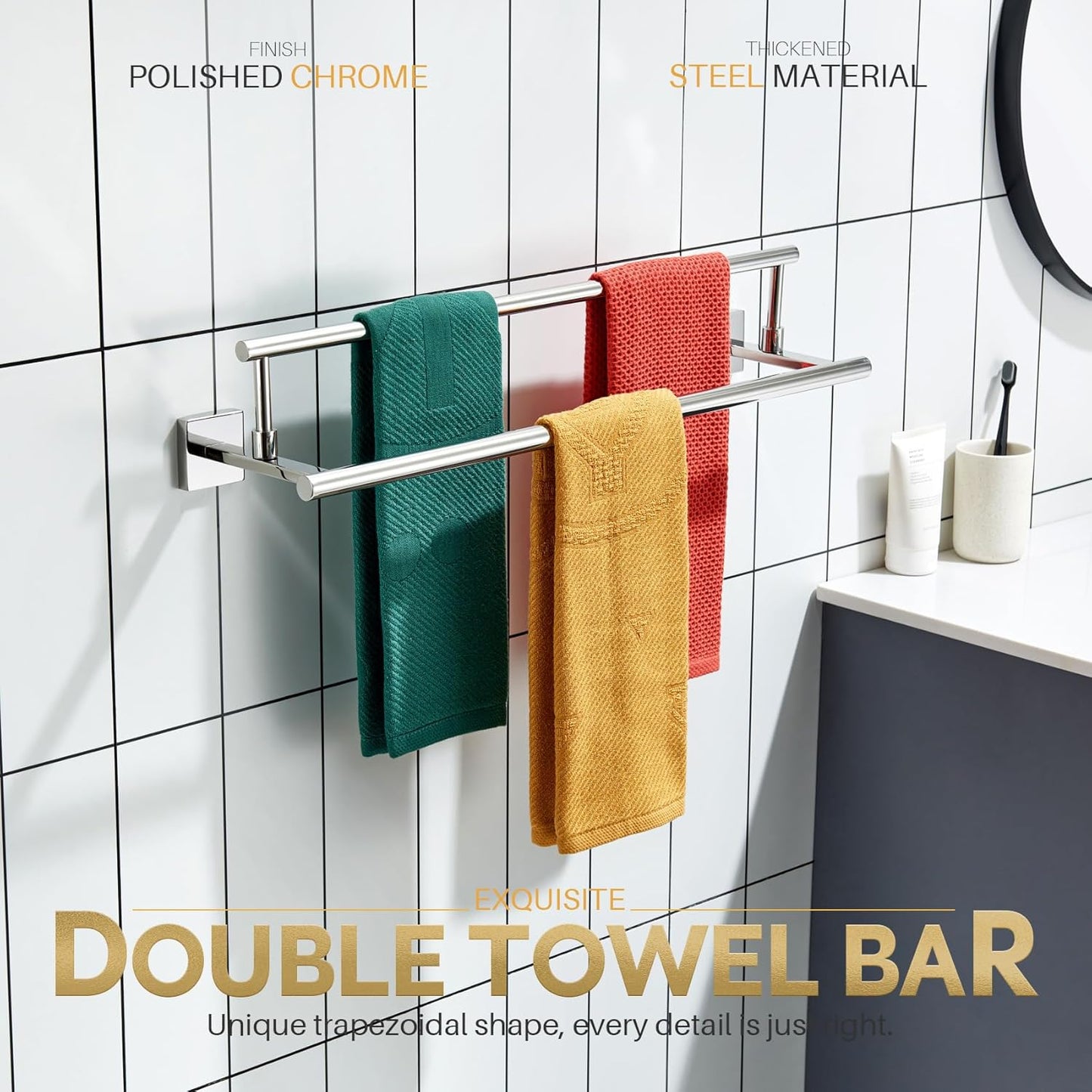 KOKOSIRI Towel Bars 20-Inch Bathroom Double Bath Towel Holder Toilet Kitchen Rack Wall Mounted Polished Chrome Stainless Steel B5009CH-L20