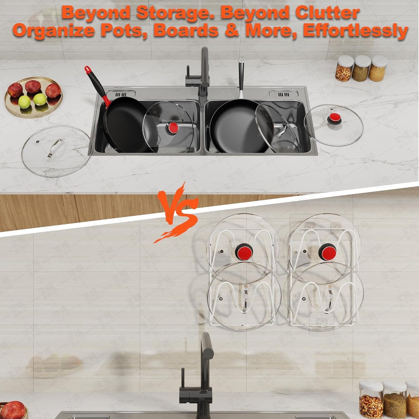 2 Pack Pot-Lid-Holder, 4-Tier Pot-Lid-Organizer for Cabinet Door/Wall, No Drilling Adhesive Wall/Door Mounted Rustproof Pot-Lid-Rackr for Kitchen Organizers