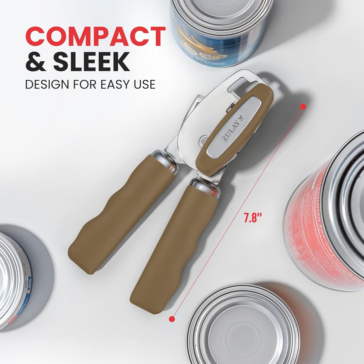 Zulay Kitchen Heavy Duty Stainless Steel Can Opener Manual with Bottle Opener - Rust Proof Manual Can Opener With Turn Knob & Comfy Soft Grip Handles - Brown