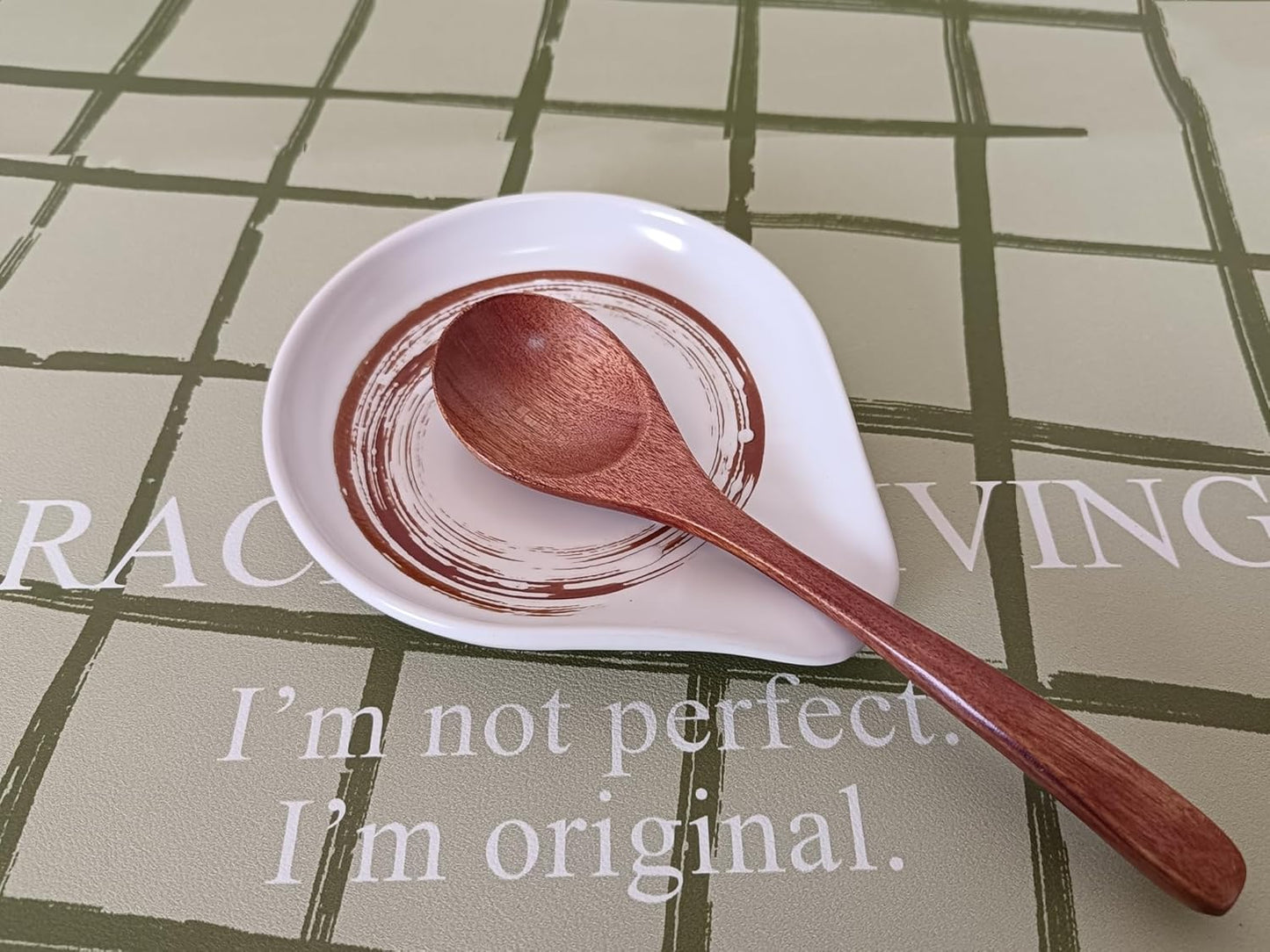 Ceramic Spoon Rest for Stove Top, Hand Painted Brown Swirl Spoon Rest for Kitchen Counter, Retro Cooking Spoon Holder for Kitchen Counter, Utensil Rest for Spatula Ladle or Tong (White)