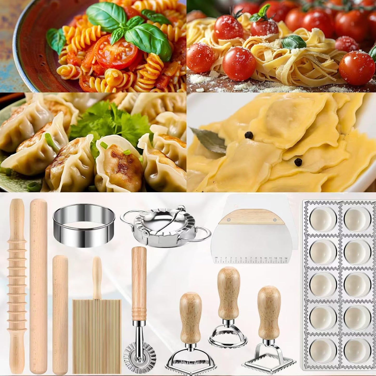 14 Pieces Pasta Making Tools Set, Ravioli Mold Set, Ravioli Maker with Roller Wheel, Ravioli Cutter Set with Wooden Handle, Pasta Making Kit for Ravioli Press Mold. Suitable for Home and Beginners