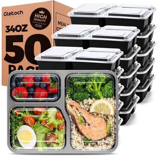Glotoch 50 Pack (100-Piece) 34oz Meal Prep Containers Reusable with Lids 3-Compartment Containers Microwave, Freezer, Dishwasher Safe - Leakproof Durable To Go Take Out Plastic Food Storage