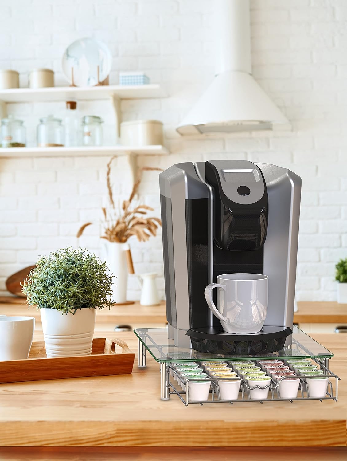 Deco Brothers Crystal Tempered Glass K-Cup Holder Drawer for 30 Coffee Pods Storage, Chrome