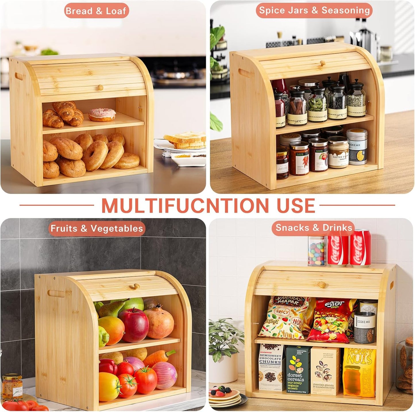 G.a HOMEFAVOR Roll Top Bread Box for Kitchen Counter, Large 2-Tier Bamboo Bread Storage Container, Bread Holder Food Bin for Countertop, Self-Assembly