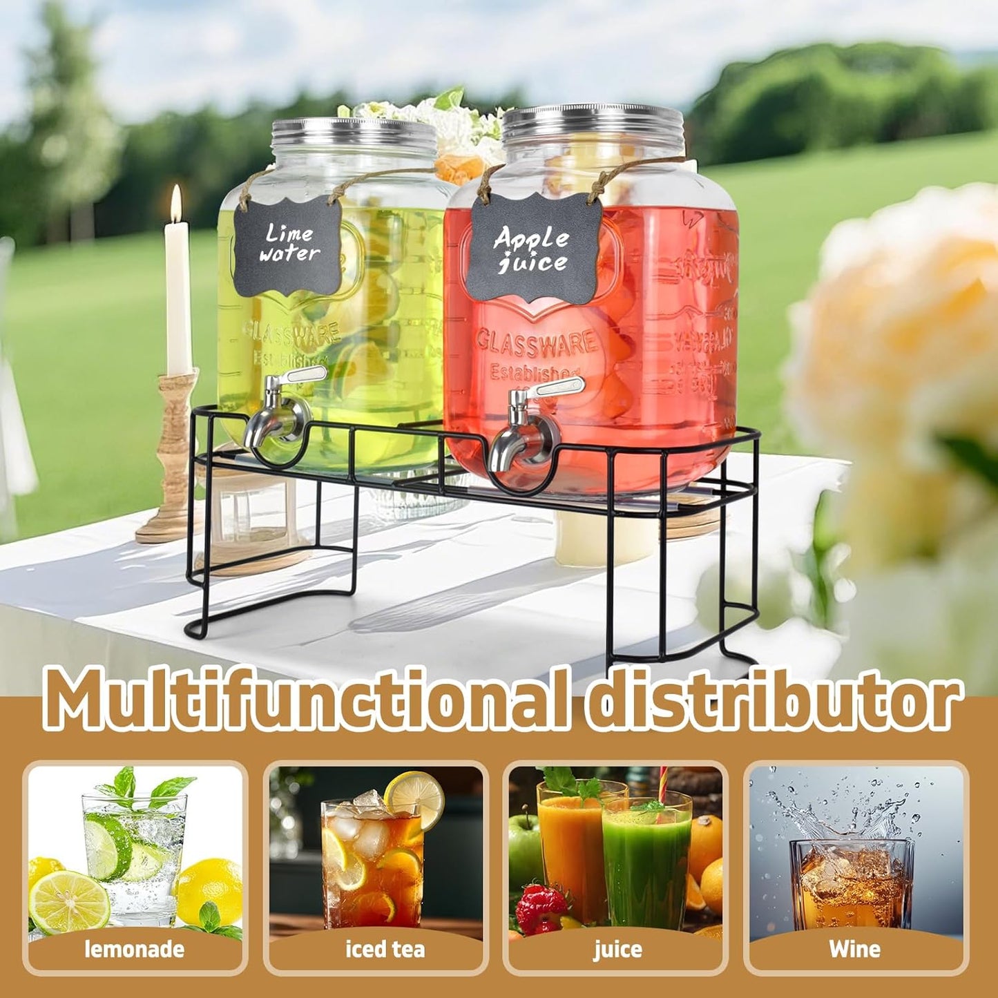 DD&HAPP Gallon Glass Drink Dispensers For Parties 2PACK.1.5Gallon Beverage Dispenser,Glass Drink Dispenser With Stand And Stainless Steel Spigot 100% Leakproof.Lemonade Dispenser With Ice Cylinder.