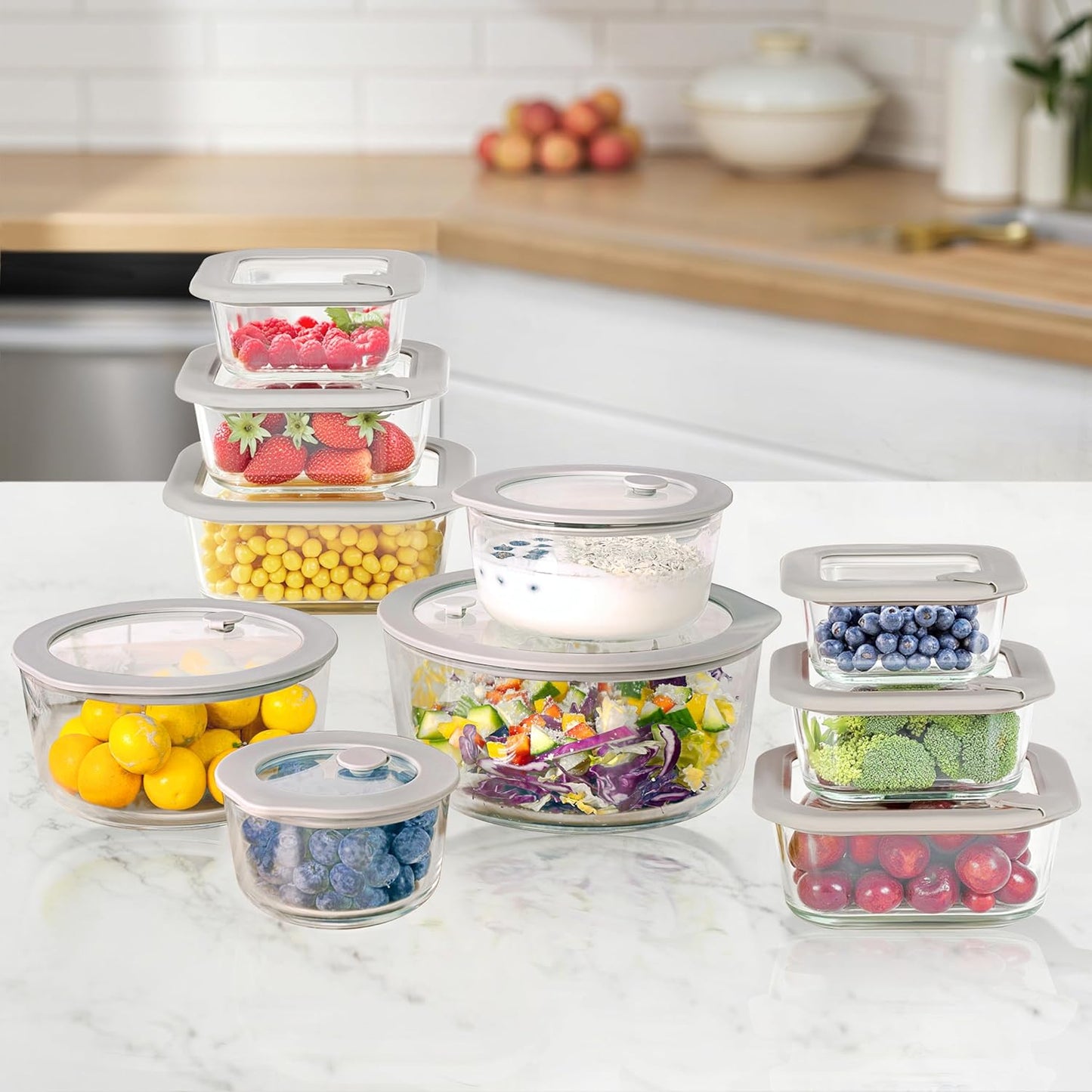 Glass Food Containers with Glass Lid, Microwave Safe Food Storage Container Set, 6 Pack Square Shape, Large Size Airtight Storage Set with Leak Proof Lids, Meal Prep Containers