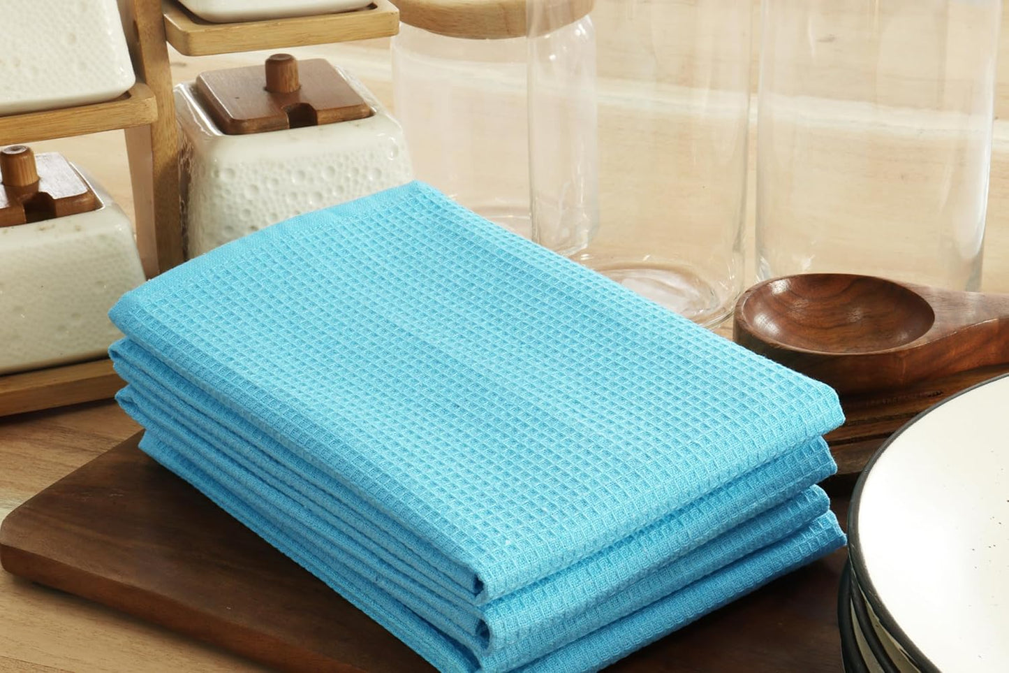 PurpleEssences Waffle Weave Kitchen Towel, 100% Cotton - 15 x 25 Inches, with Hanging Loop Ultra Soft Absorbent Quick Drying Dish Cloth, Tea and Hand Towels, 6 Pack - Spring Summer - Aqua Blue