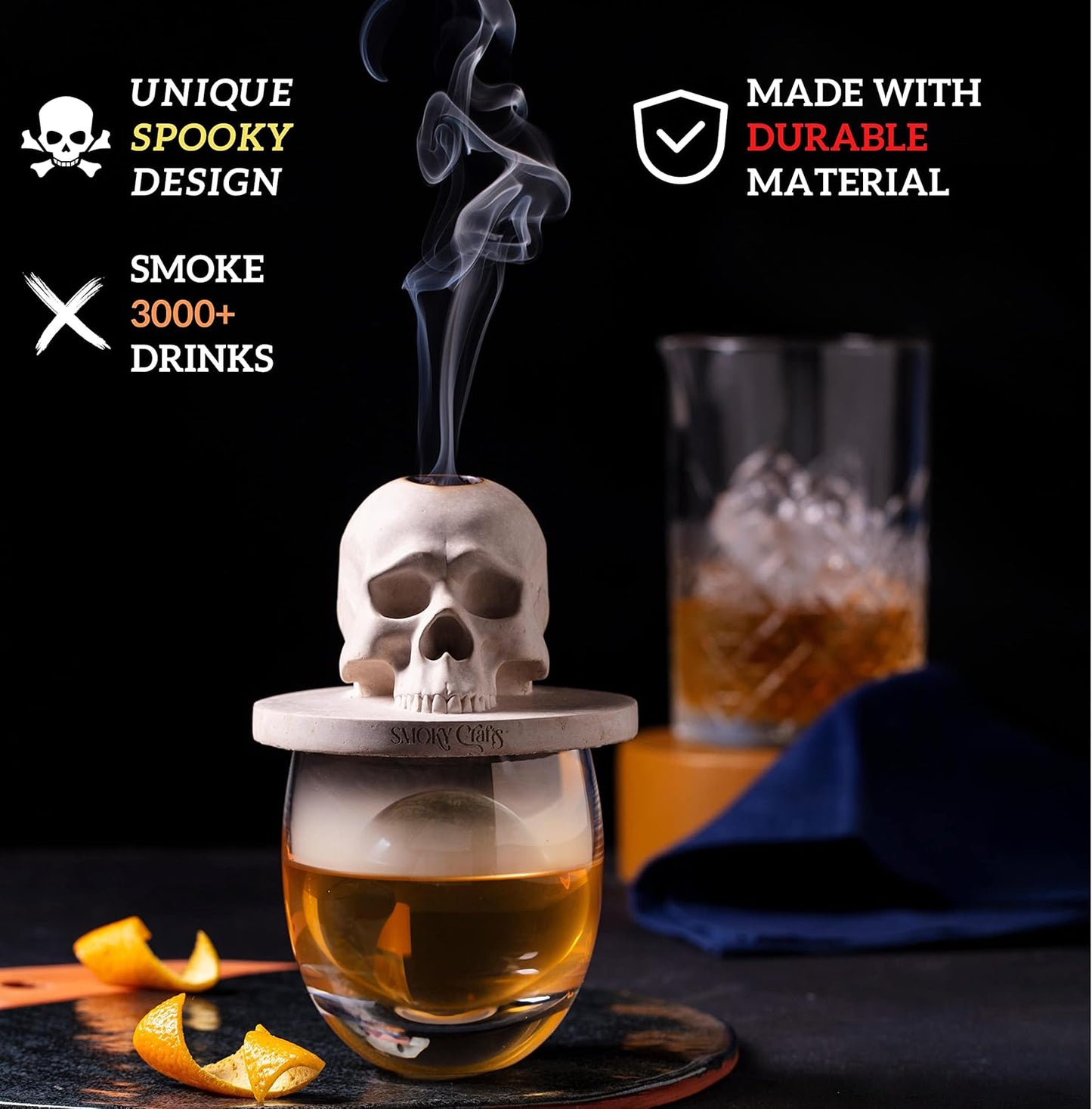 Whiskey Smoker Kit with Torch - Old Fashioned Smoker Kit comes with Skull-Shaped Smoke Infuser, Culinary Torch and Wood Chips (Apple, Cherry, Hickory) - Gifts for Men (Without Butane)