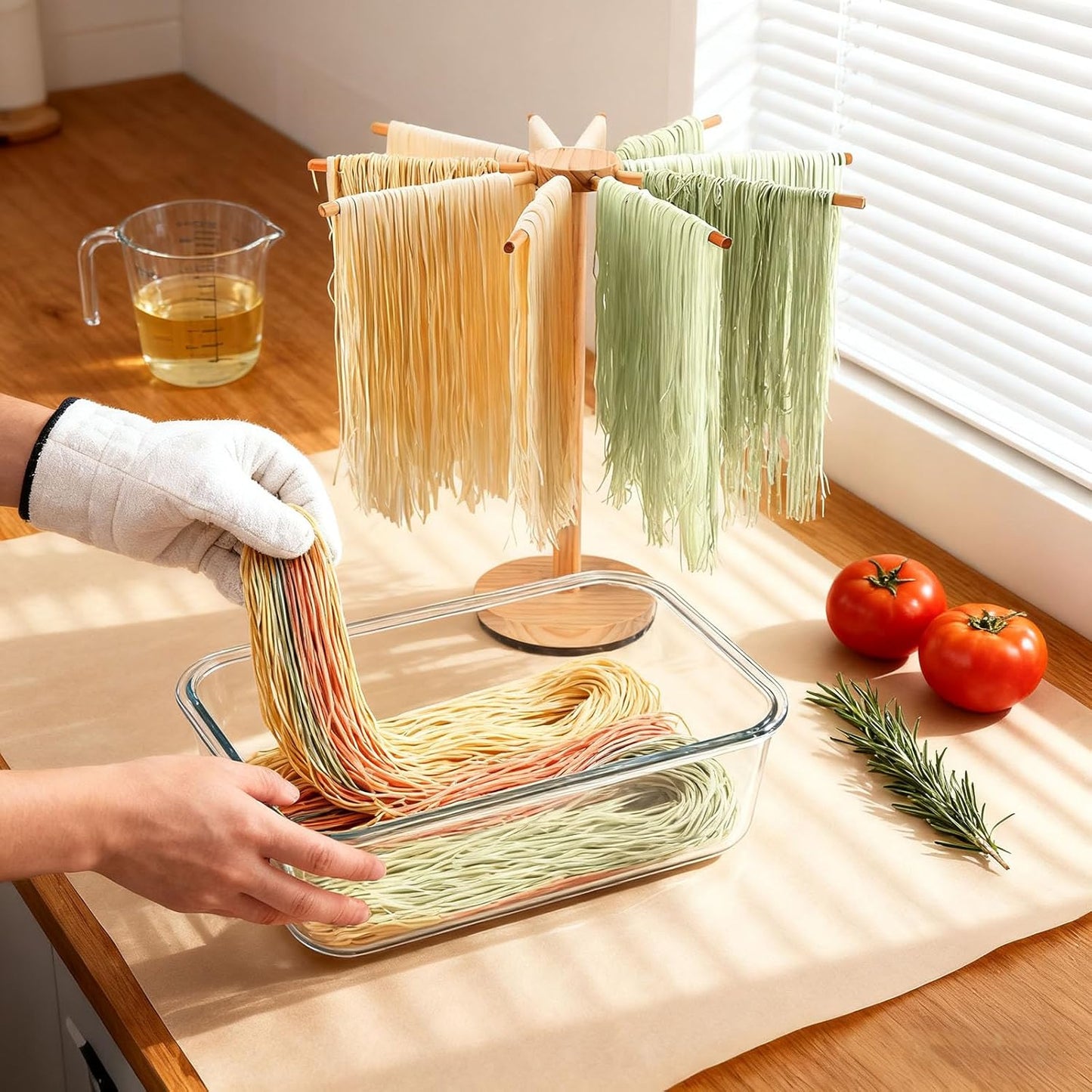 Pasta Drying Rack,Wooden Pasta Dryer Rotatable Collapsible Drying Rack with 9 Rods Quickly Assemble, Fresh Pasta Noodle Spaghetti Dryer Hanger Stand, Easy to Assemble and Store