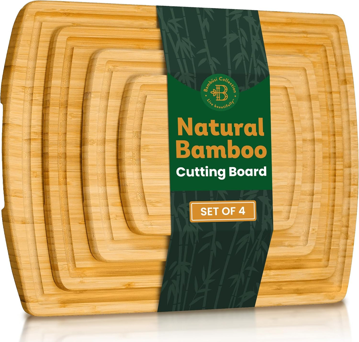 Wood Cutting Board - 4 Piece Bamboo Cutting Board Set, Wooden Cutting Boards for Kitchen with Deep Juice Groove, Side Handles - Chopping Boards for Meat, Vegetables, Charcuterie - Kitchen Gift Set