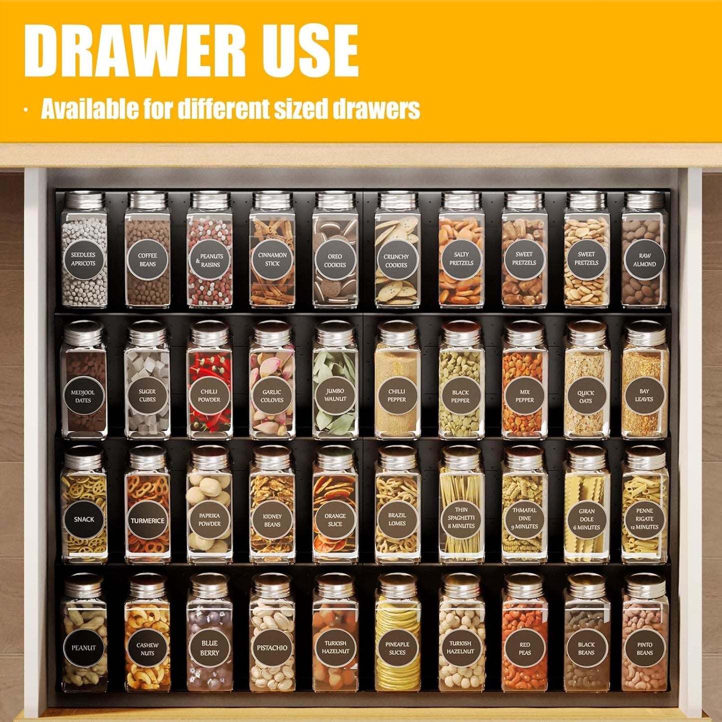 Famhap Spice Drawer Organizer, 8 Tier Expandable from 11.7" to 23.2" Seasoning Rack Tray Insert for Kitchen Drawers, Spice Rack Tray for Drawer/Countertop (Black)