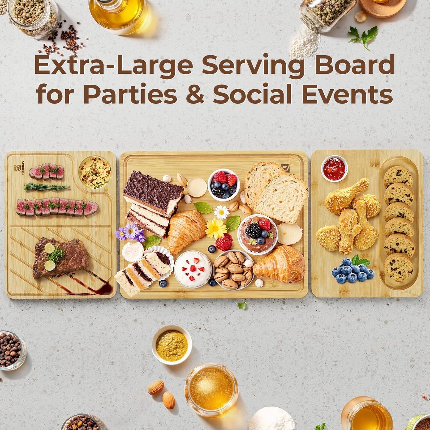 Bamboo Cutting Boards Large Set of 4 for Kitchen, Wood Charcuterie Chopping Board with Holder Non Slip, Steak Serving Tray with Juice Groove, Big Butcher Block for Cheese, Ideal for Gift