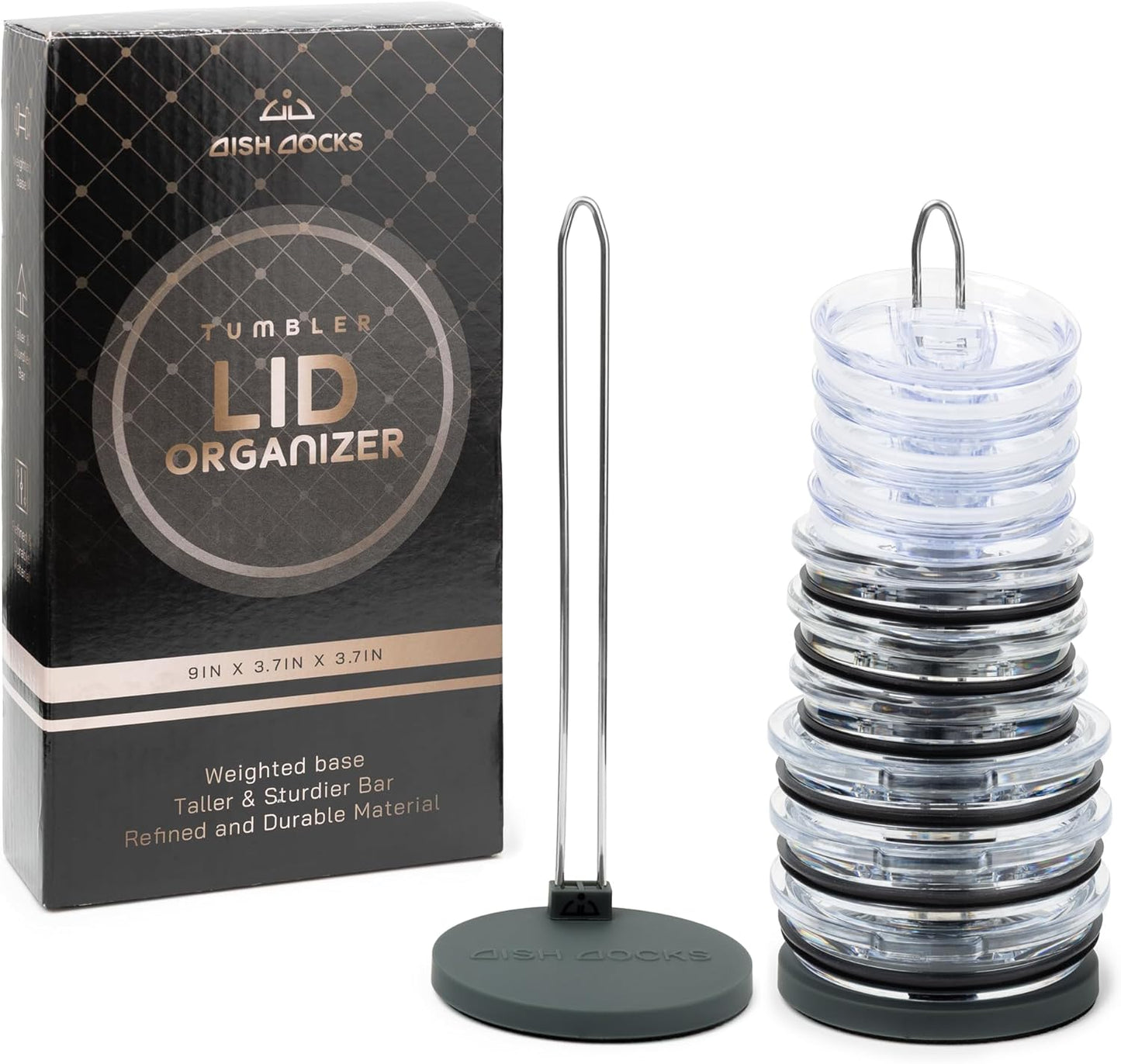 2-pk Tumbler Lid Organizer for Cabinet & Countertop - Slim Space-Saving Lid Holder with 9" Sturdy Bar & Weighted, Non-Slip Base - Vertical Storage Cup Lid Organizer - Collapsible Lid Rack for 10 Lids