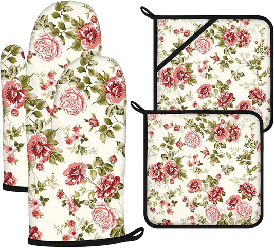 Red Rose Oven Mitts and Pot Holders Sets 4Pcs,Extra Long Oven Gloves Potholder for Kitchen Cooking Baking BBQ 100% Cotton Heat Resistant