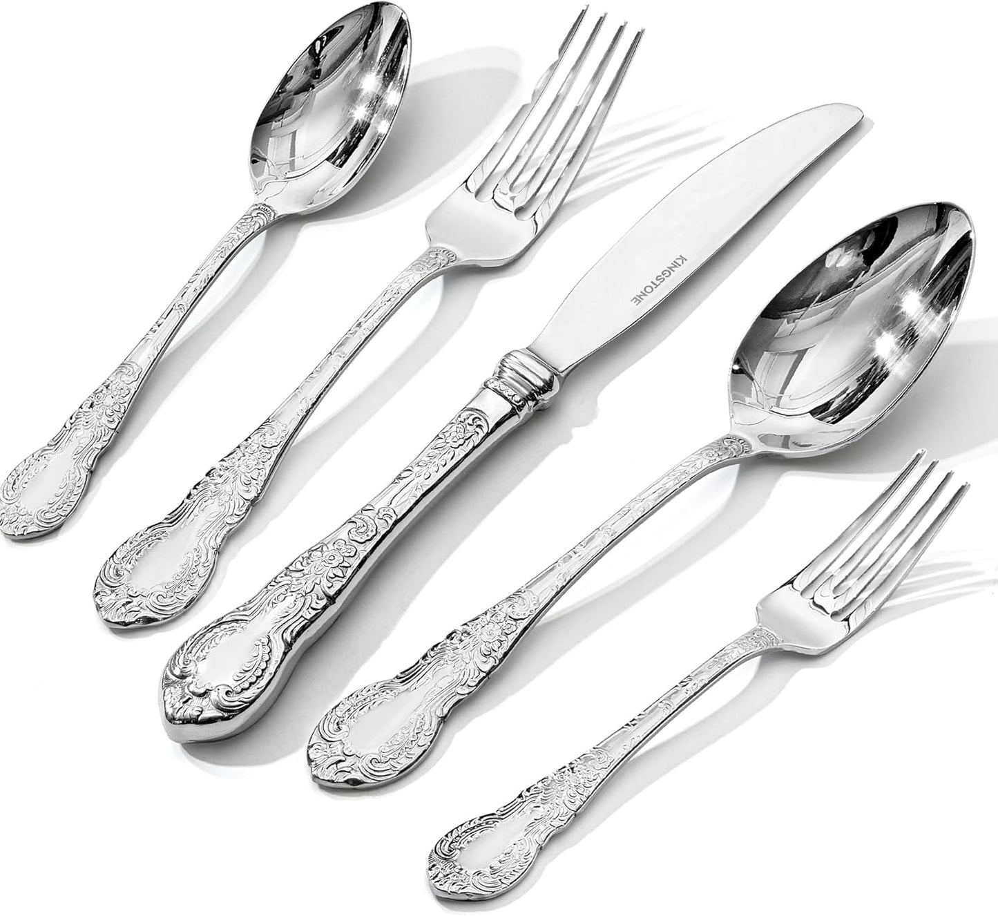 KINGSTONE Vintage Carved Silverware Set, 20-Piece 18/10 Stainless Steel Flatware Cutlery Set with Retro Royal Thick Handle, Tableware Utensils for Home, Restaurant, party, Wedding, Dishwasher Safe