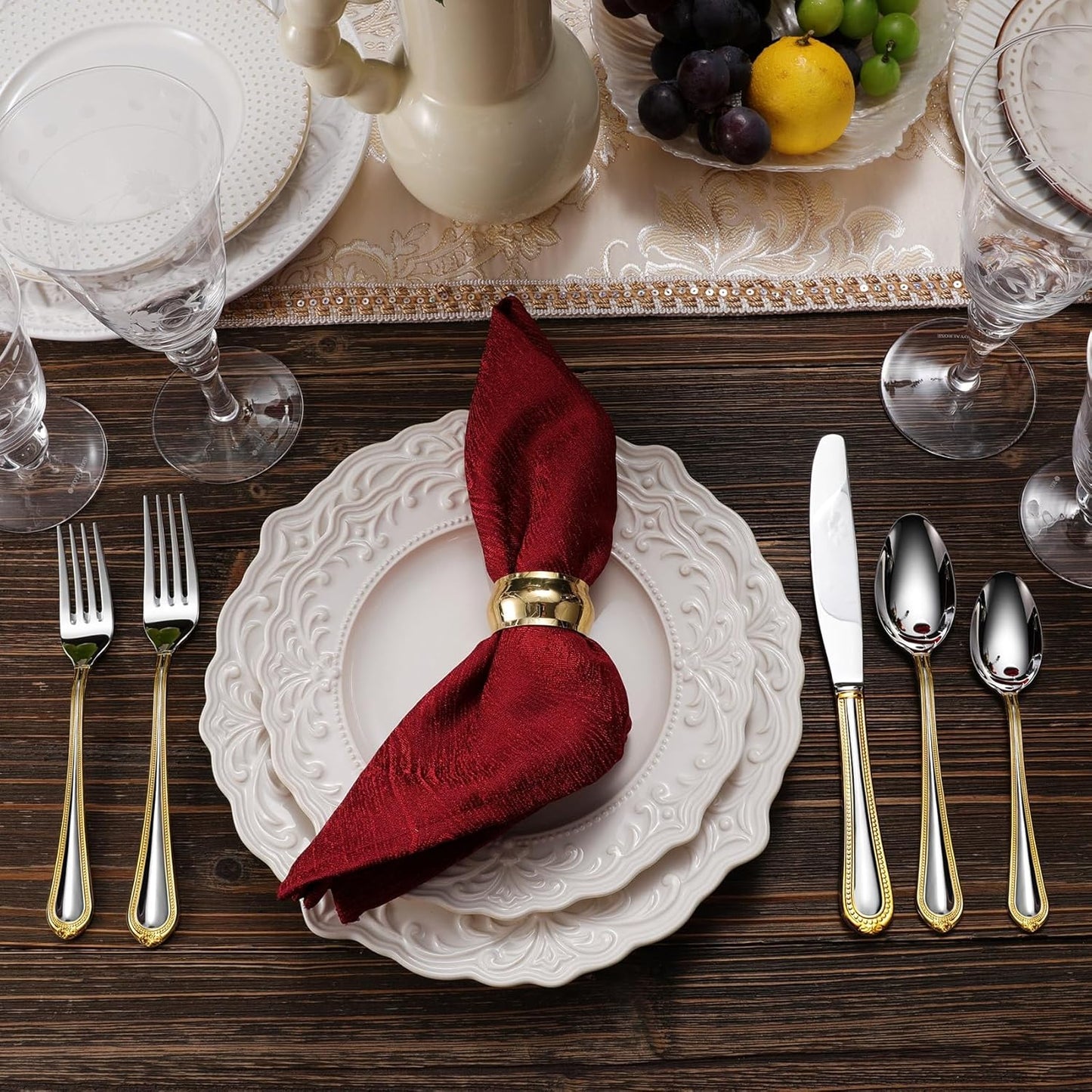 KEAWELL Pearl Edge Premium 65-Piece Refined Bead Silverware Set, 18/10 Stainless Steel, Service for 12, Fine Flatware Set with Serving Utensils, Dishwasher Safe (65, Gold Accent)