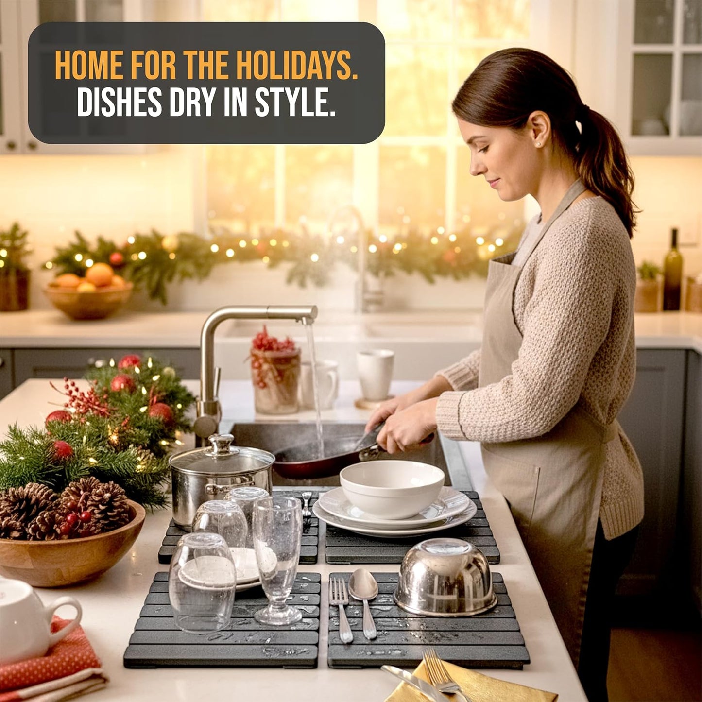 Large Foldable Stone Dish Drying Mat – Diatomaceous Earth, 12"x16" Each or 24"x16" Combined – Fast Dry, Anti-Slip Pad, Sanding Tool & Instruction Manual for Kitchen, Bathroom or RV (2-Pack)