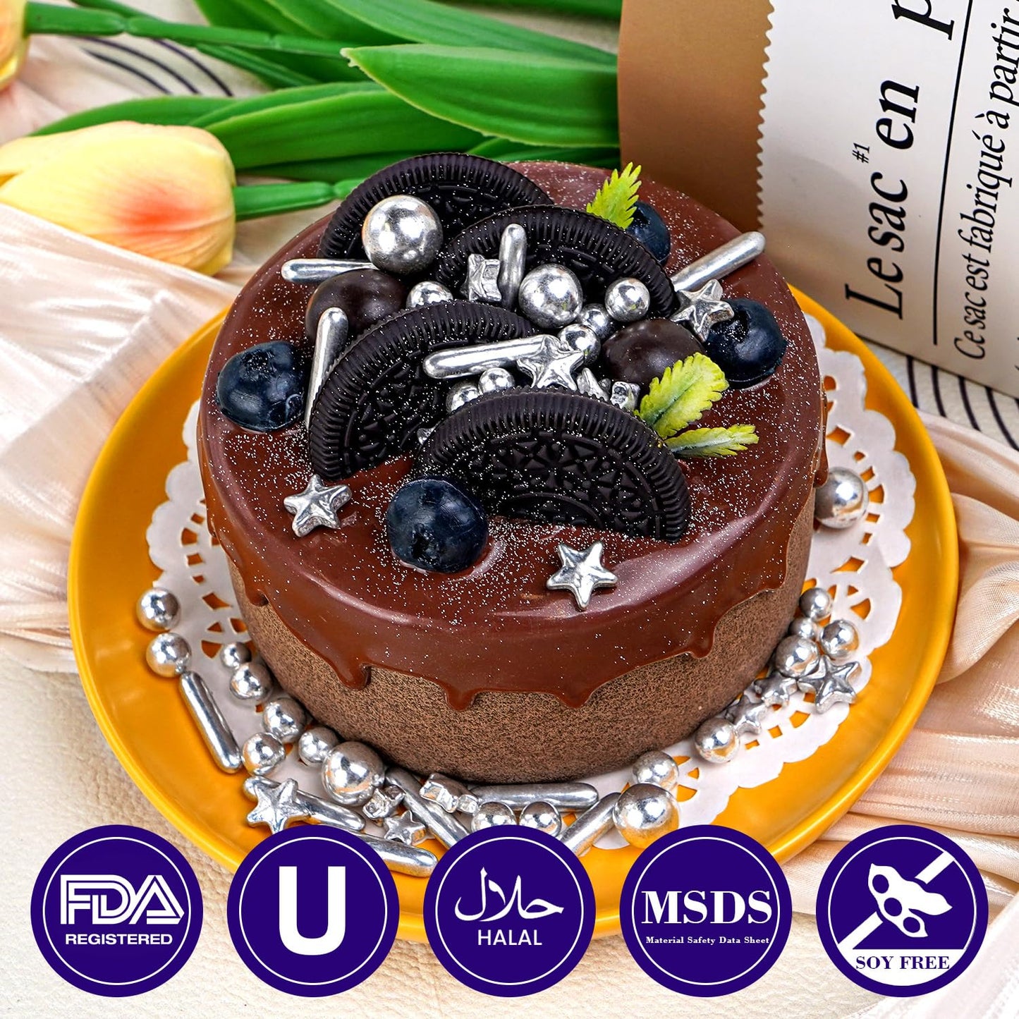 Dazzjoy Edible Silver Star Pearl Sprinkles, Ball Sugar Candy, Edible Silver Pearls for Cake Sprinkles, 130g/4.58oz, Cupcake & Cookies Topper Decoration, Wedding Party Halloween Christmas Supplies