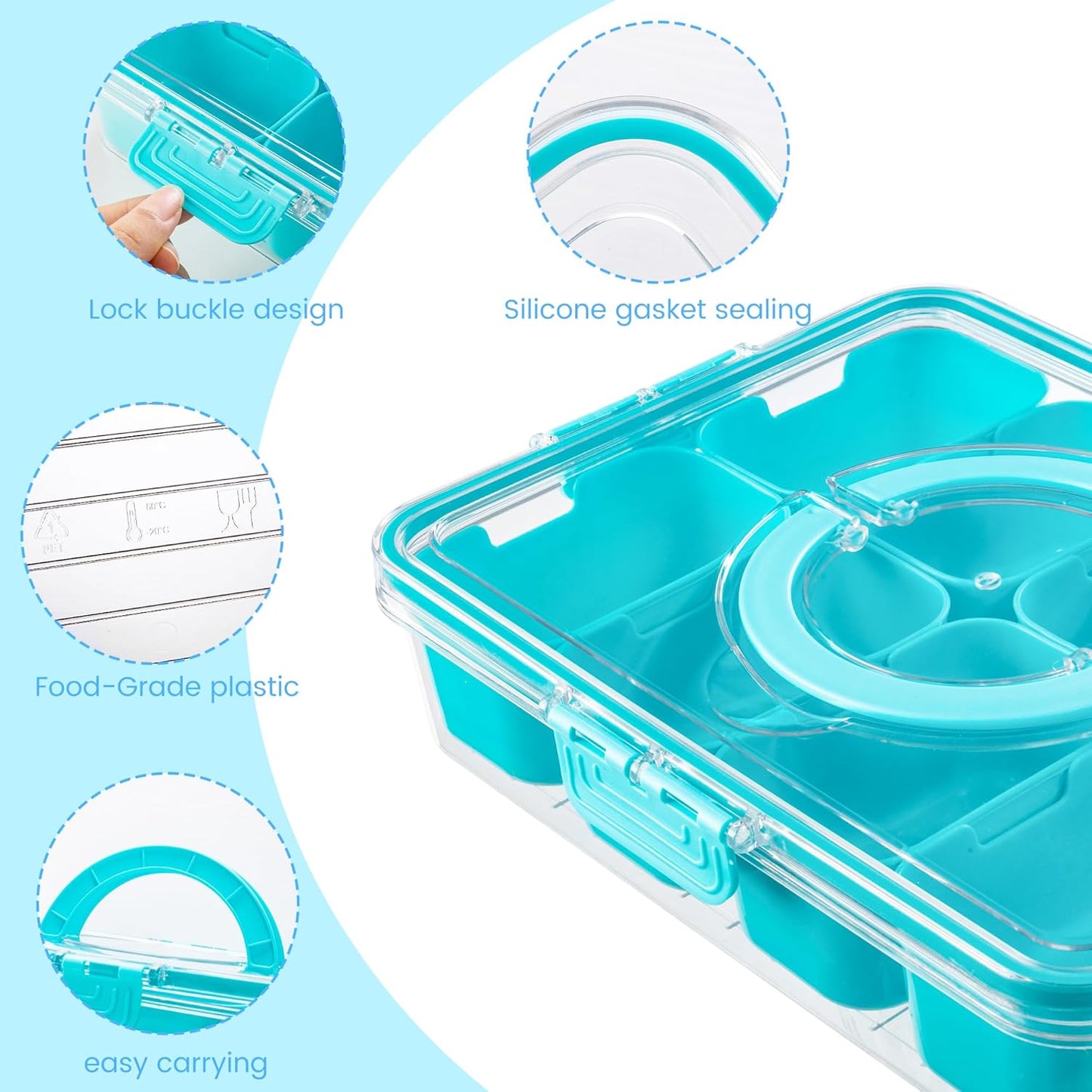 Divided Serving Tray with Lid and Handle - Snackle Box Charcuterie Container for Portable Snack Platters Organizer for Candy, Fruits, Nuts, Snacks - Perfect for Party, Entertaining, Cerulean