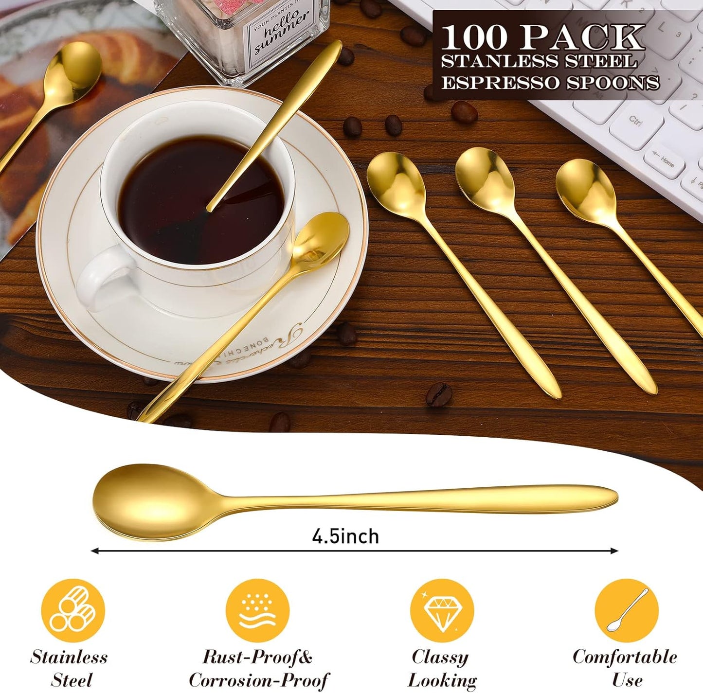 100 Pcs Demitasse Espresso Spoons Stainless Steel Bulk, 4.33'' Small Mini Coffee Tasting Dessert Spoons for Kitchen Dessert, Tea, Appetizer, 1.18'' Wide(Classic Style,Gold)