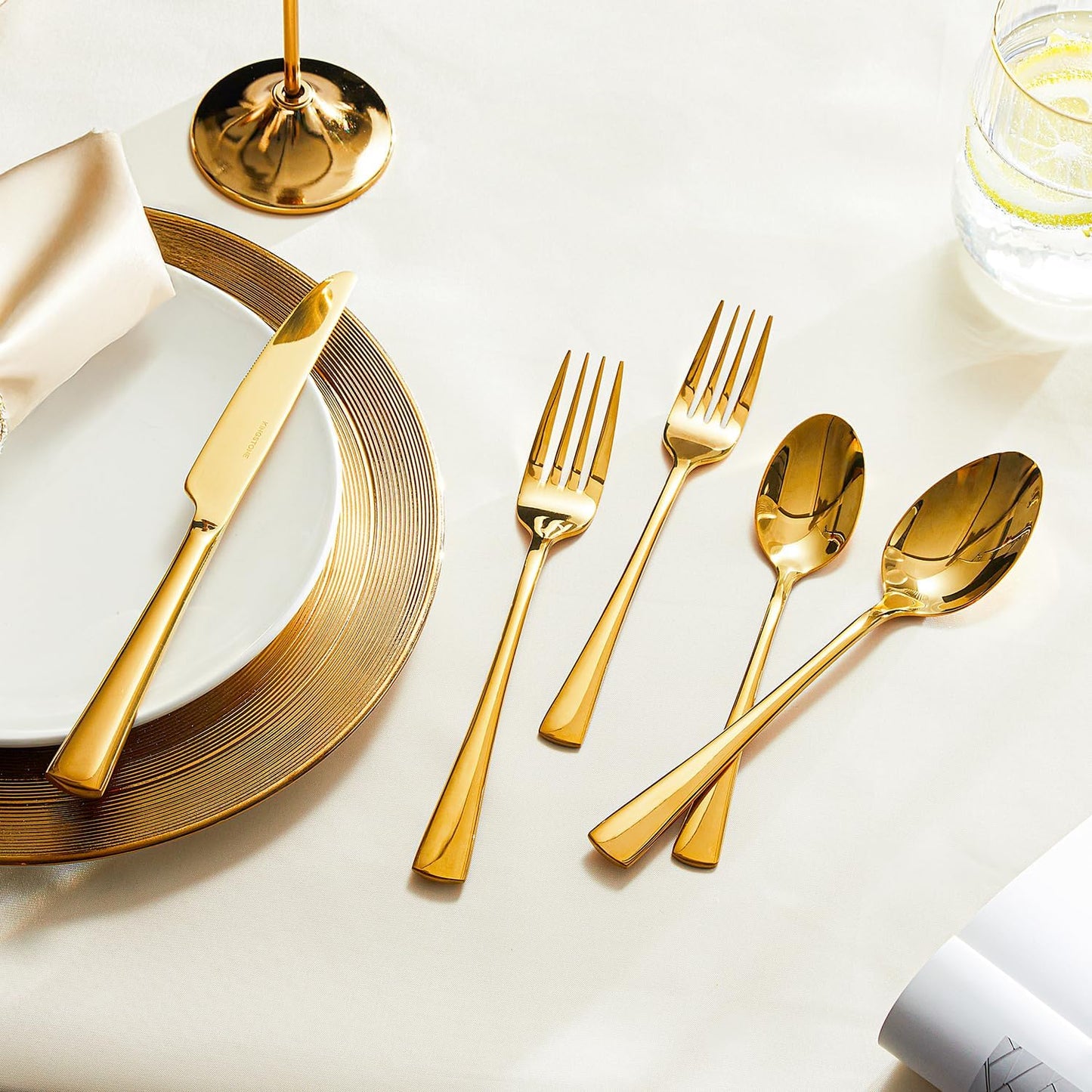 KINGSTONE Silverware Set for 8, 40-Piece Forged 18/10 Stainless Steel Flatware Set, Mirror Finish Cutlery Set Dishwasher Safe for Home, Restaurant, Wedding, Party,Gold