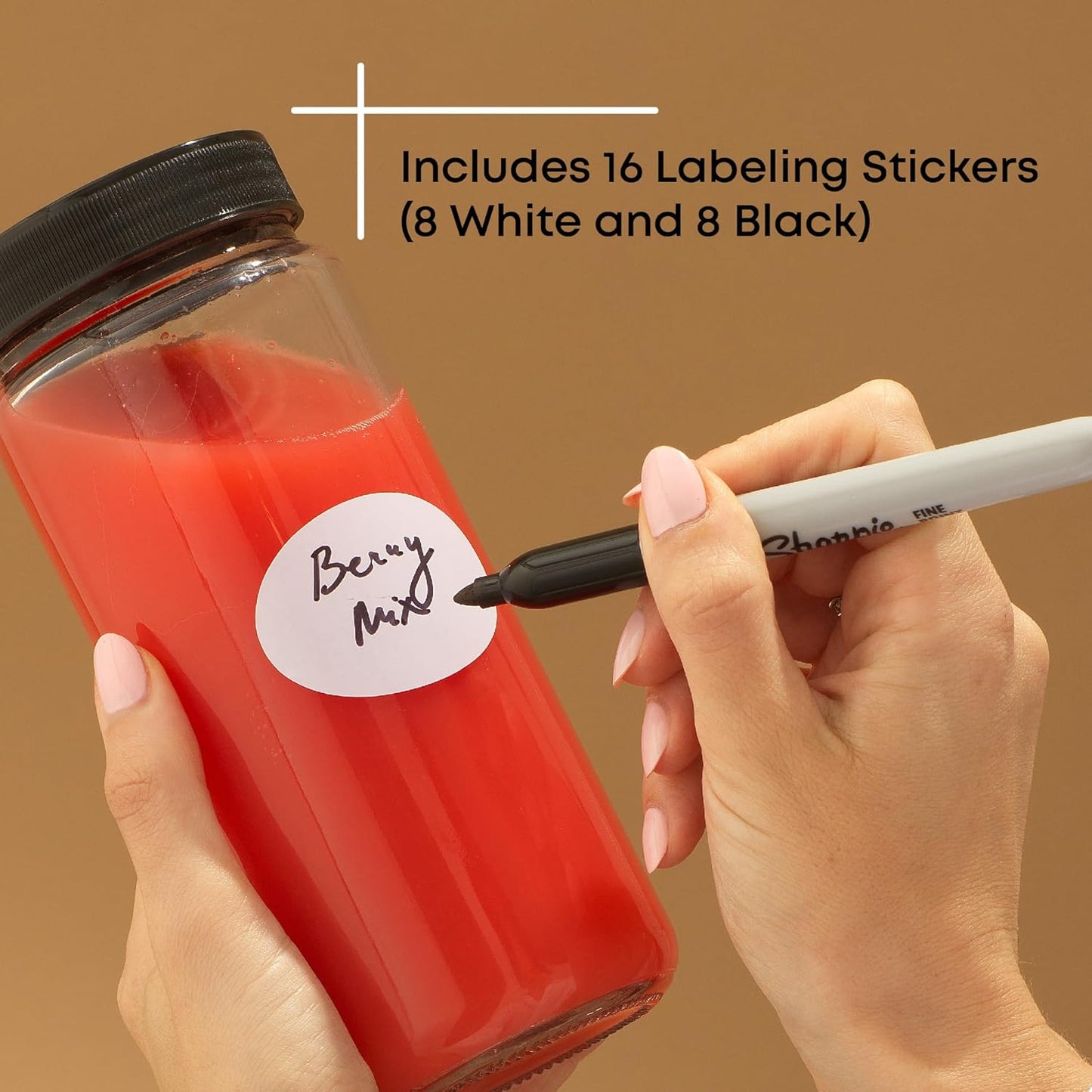 JoyJolt Glass Juice Bottles, 16 oz Glass Bottles with Caps. Set of 8 Juice Containers with Lids for Fridge, and Labels for Juice Jars. Glasses for Juice, Cold Brew Bottles, Smoothie Jars