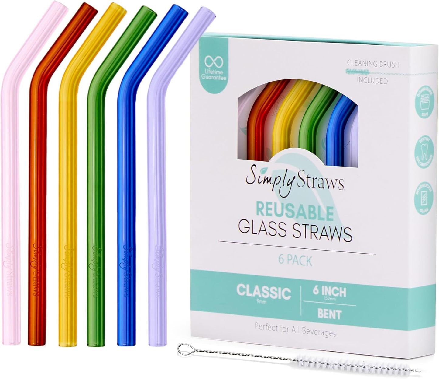 Simply Straws 6 Inch Glass Straws Bent (6-Pack) – Reusable Glass Straws for Low Balls & Stemless Glasses, with Cleaning Brush – Dishwasher Safe, Hot & Cold Use, BPA-Free (Iridium)