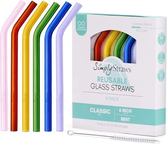 Simply Straws 6 Inch Glass Straws Bent (6-Pack) – Reusable Glass Straws for Low Balls & Stemless Glasses, with Cleaning Brush – Dishwasher Safe, Hot & Cold Use, BPA-Free (Iridium)