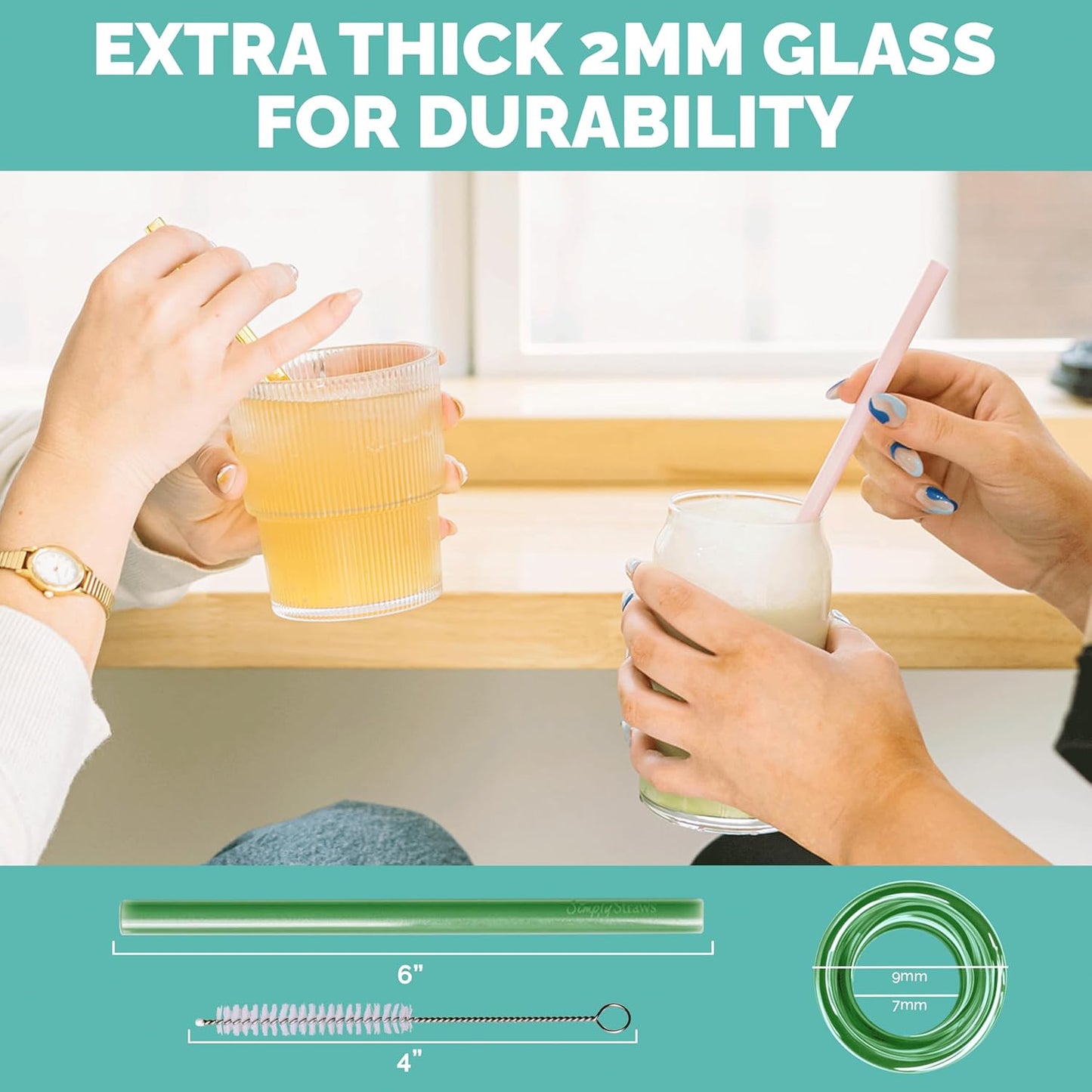 Simply Straws 6 Inch Glass Straws Straight (6-Pack) – Reusable Glass Straws for Low Balls & Stemless Glasses, with Cleaning Brush – Dishwasher Safe, Hot & Cold Use, BPA-Free (Cote d'Azur)