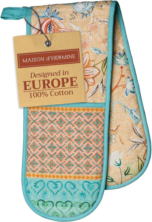 Maison d' Hermine Double Oven Mitts 100% Cotton 7"x35" Double Oven Mitt Heat Resistant BBQ Cooking Gloves with Loop, Baking, Grilling, Kitchen, Handling Hot Pans Spring Summer (Luxury Loft – Peach)
