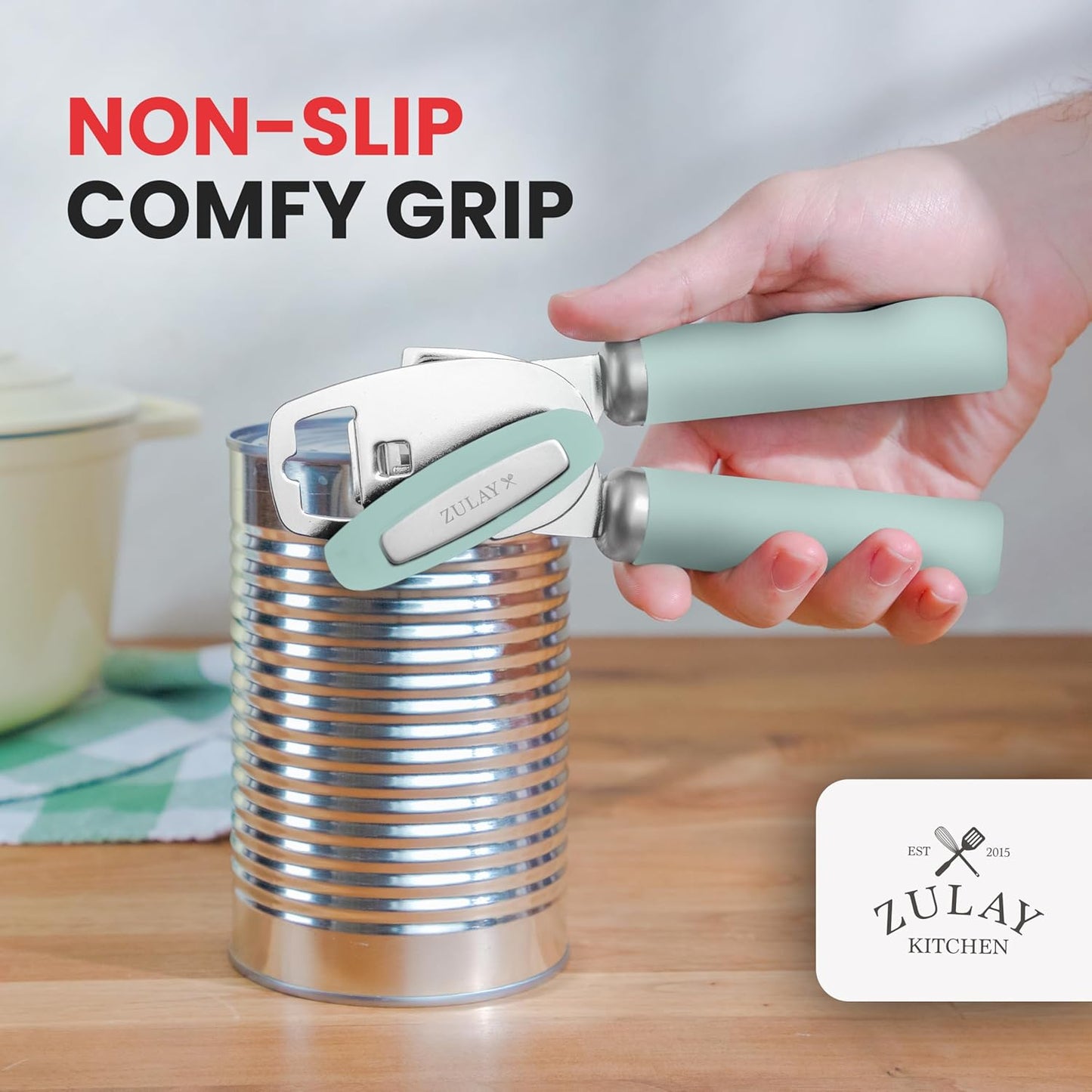 Zulay Kitchen Heavy Duty Stainless Steel Can Opener Manual with Bottle Opener - Rust Proof Manual Can Opener With Turn Knob & Comfy Soft Grip Handles - Mint