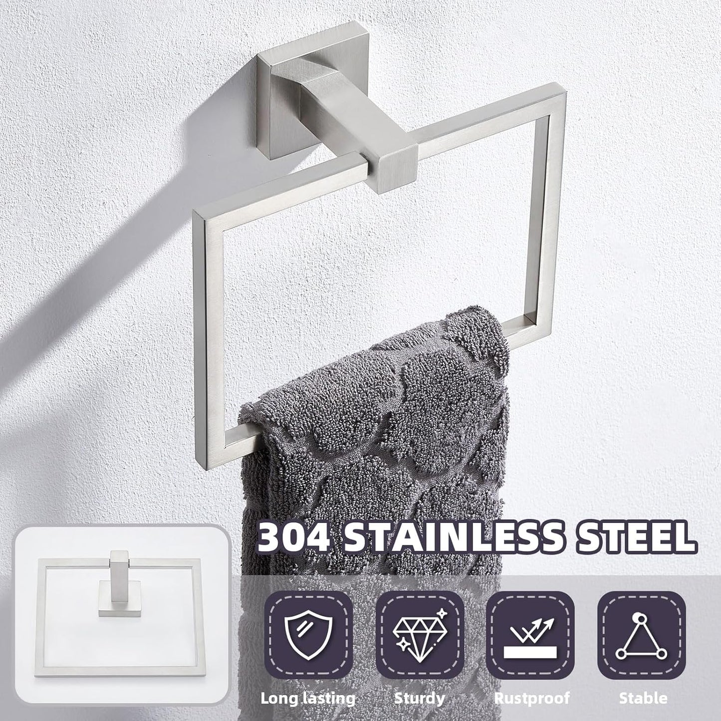APLusee Brushed Nickel Towel Ring, 304 Stainless Steel Square Bathroom Towel Holder, Wall Mounted