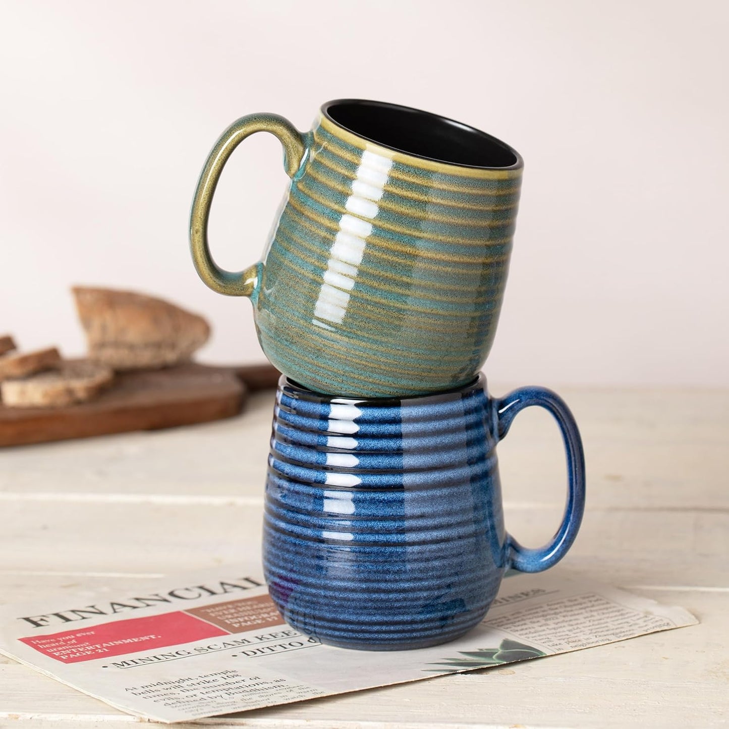 20 oz Large Ceramic Coffee Mug, Coffee Mugs for Women and Men, Big Tea Cups, Large Handle Handmade Pottery Mug for Office and Home, Microwave and Diahwasher Safe (Blue with Stripes, 1PCS)