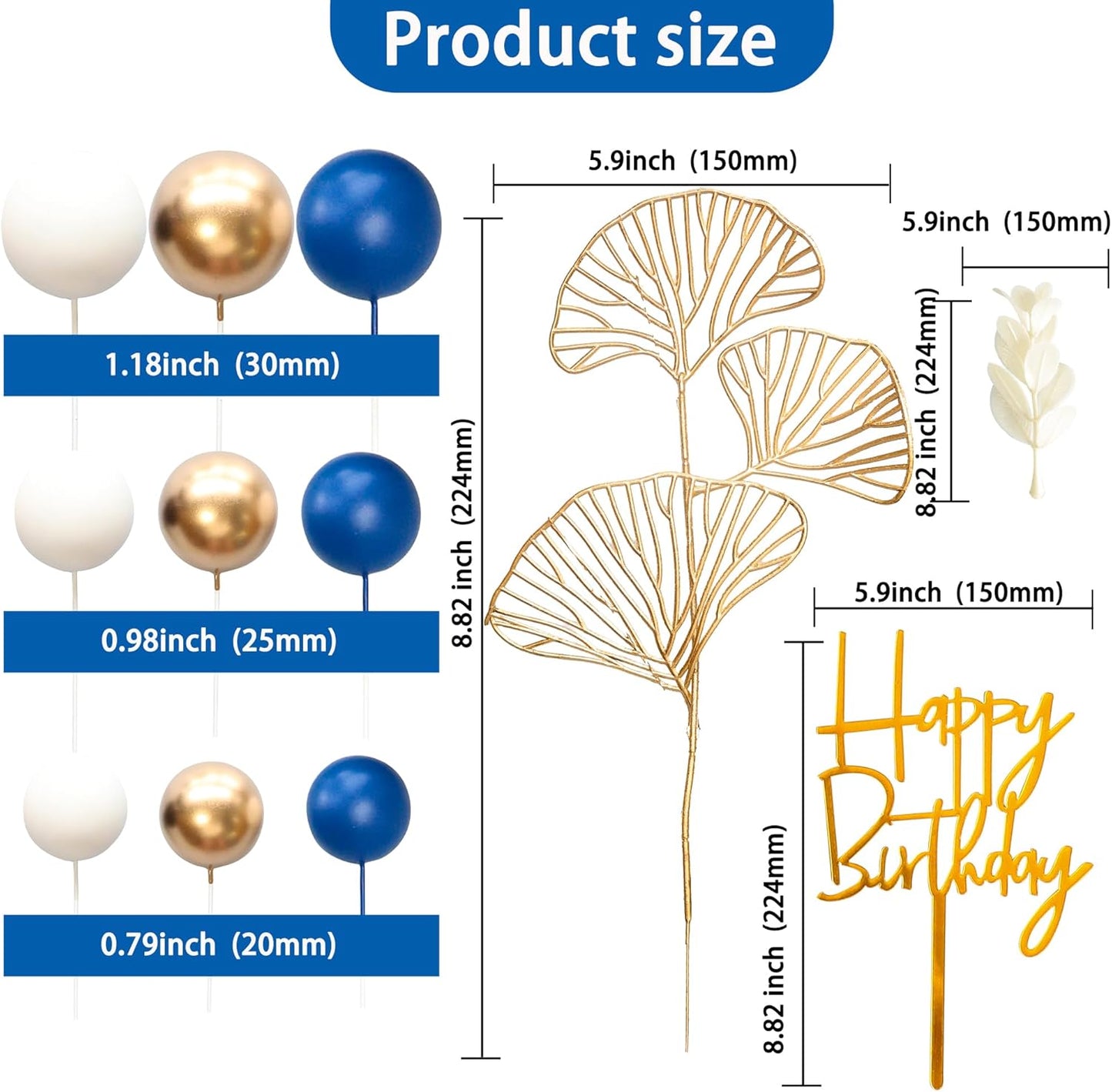 Gyufise 57Pcs Balls Cake Topper Boho Grass Cake topper Pearl Balls Acrylic Happy Birthday Cake Decorations for Wedding Baby Shower Birthday Boho Themed Party Supplies Royal Blue