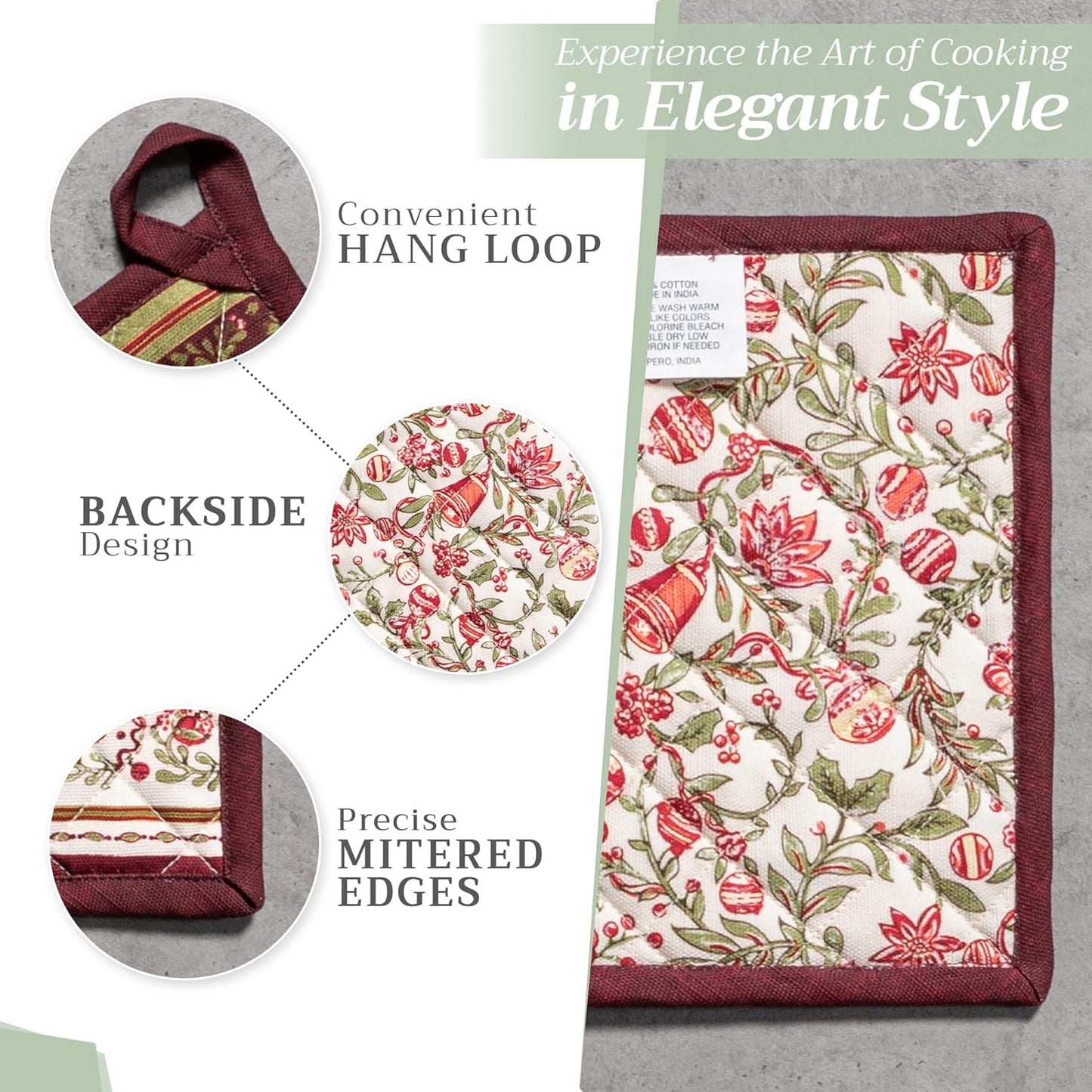 Maison d' Hermine Pot Holders Set 100% Cotton Heat Resistant Potholders 8" x 8" Hot Pads with Loop BBQ, Cooking, Baking, Grilling, Kitchen, Handling Hot Pans (Pack of 2, Reveillon Au Jardin)