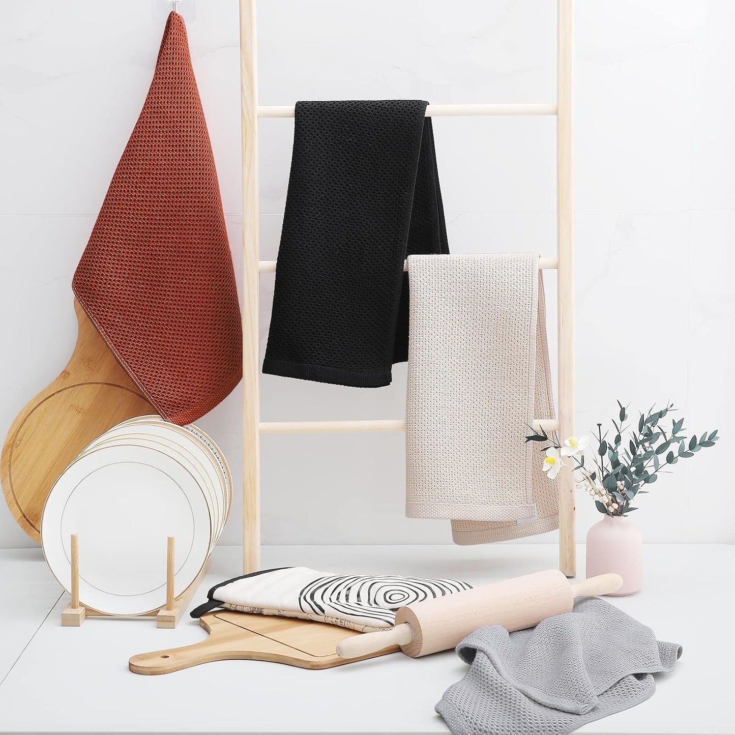 Homaxy 100% Cotton Waffle Weave Kitchen Dish Towels, Ultra Soft Absorbent Quick Drying Cleaning Towel, 13 x 28 Inches, 12-Pack, Rust