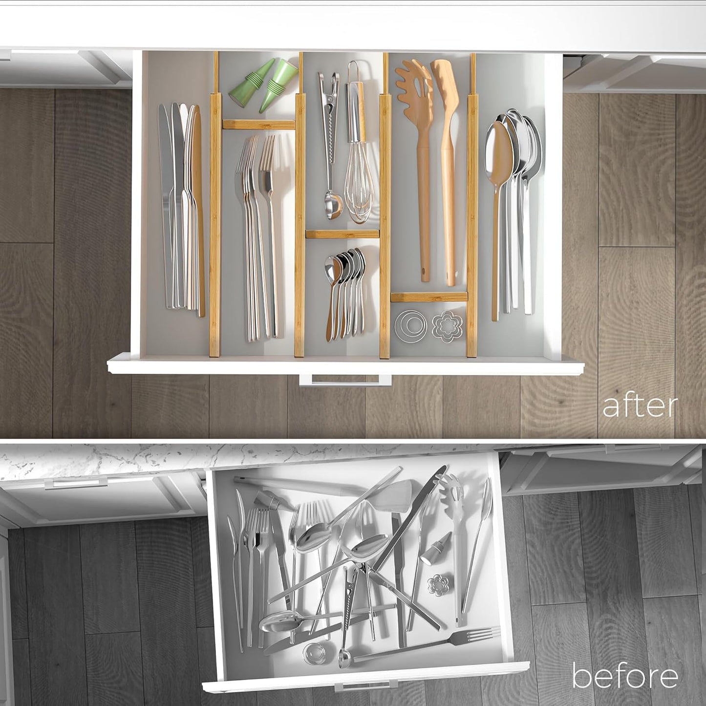 Adjustable Bamboo Drawer Dividers with Inserts, Expandable Spring-Loaded Drawer Organizer for Kitchen, Clothes, Tools, Silverware, Bamboo Organizer Separators - 4 Large Pieces