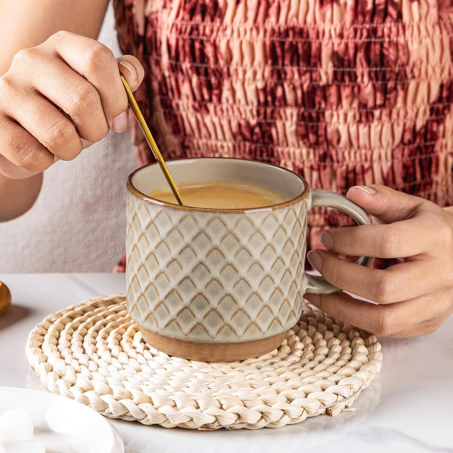 GBHOME 15OZ Stackable Coffee Mugs, Ceramic Coffee Mugs with Texture Patterns for Man,Woman,Dad,Mom, Modern Coffee Mugs Set of 4 for Latte/Cappuccino/Cocoa. Dishwasher&Microwave Safe, Pale Khaki