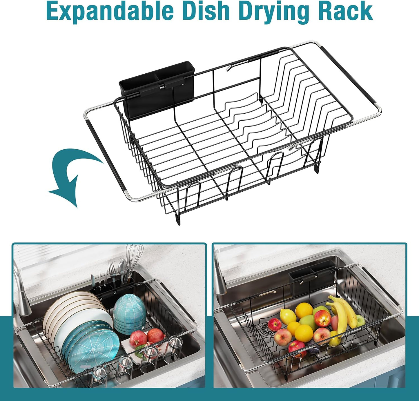 JASIWAY Dish Drying Rack in Sink, Over The Sink Colander Strainer Basket, Stainless Steel Strainer Basket with Expandable Rubber Grip Handles for Vegetables, Fruits, Home Kitchen Essentials, Black
