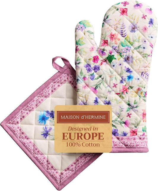 Maison d' Hermine 100% Cotton Oven Mitt & Pot Holder Set (7.5"x13" & 8"x8") Heat Resistant BBQ Cooking Gloves with Loop, Baking, Grilling, Kitchen, Handling Hot Pans Spring/Summer (Chardon)