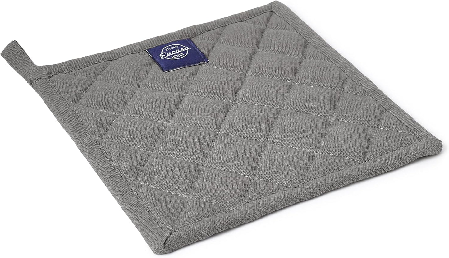 Encasa XO Heat Resistant Cotton Pot Holders with Hanging Loop - Set of 2 - Grey - Multipurpose Quilted Everyday Hot Pad for Kitchen, Camping, BBQ & Microwave - 8x8 in