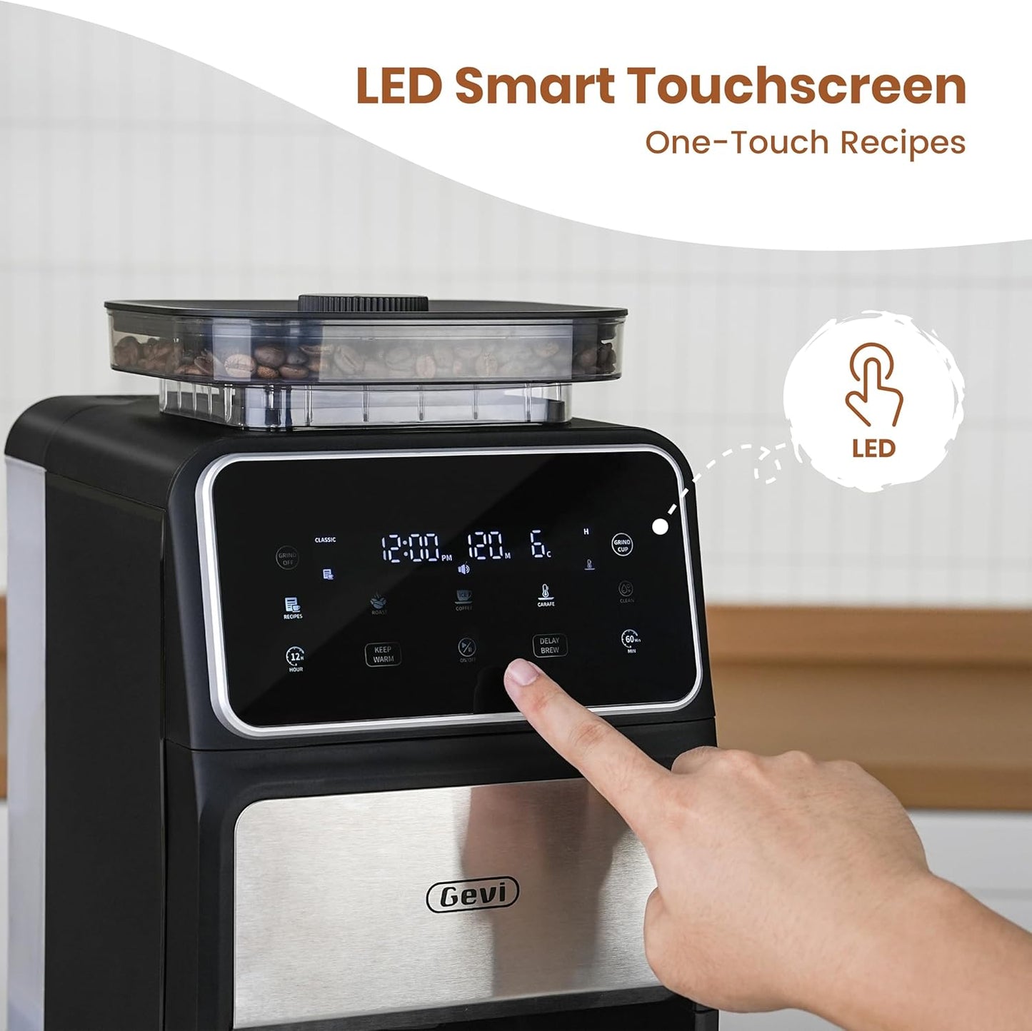 Gevi 10-Cup Grind & Brew Coffee Maker with Built-in Burr Grinder – Programmable Touch Screen, 4-Hour Keep Warm, Permanent Filter, Drip Coffee Machine for Home & Office