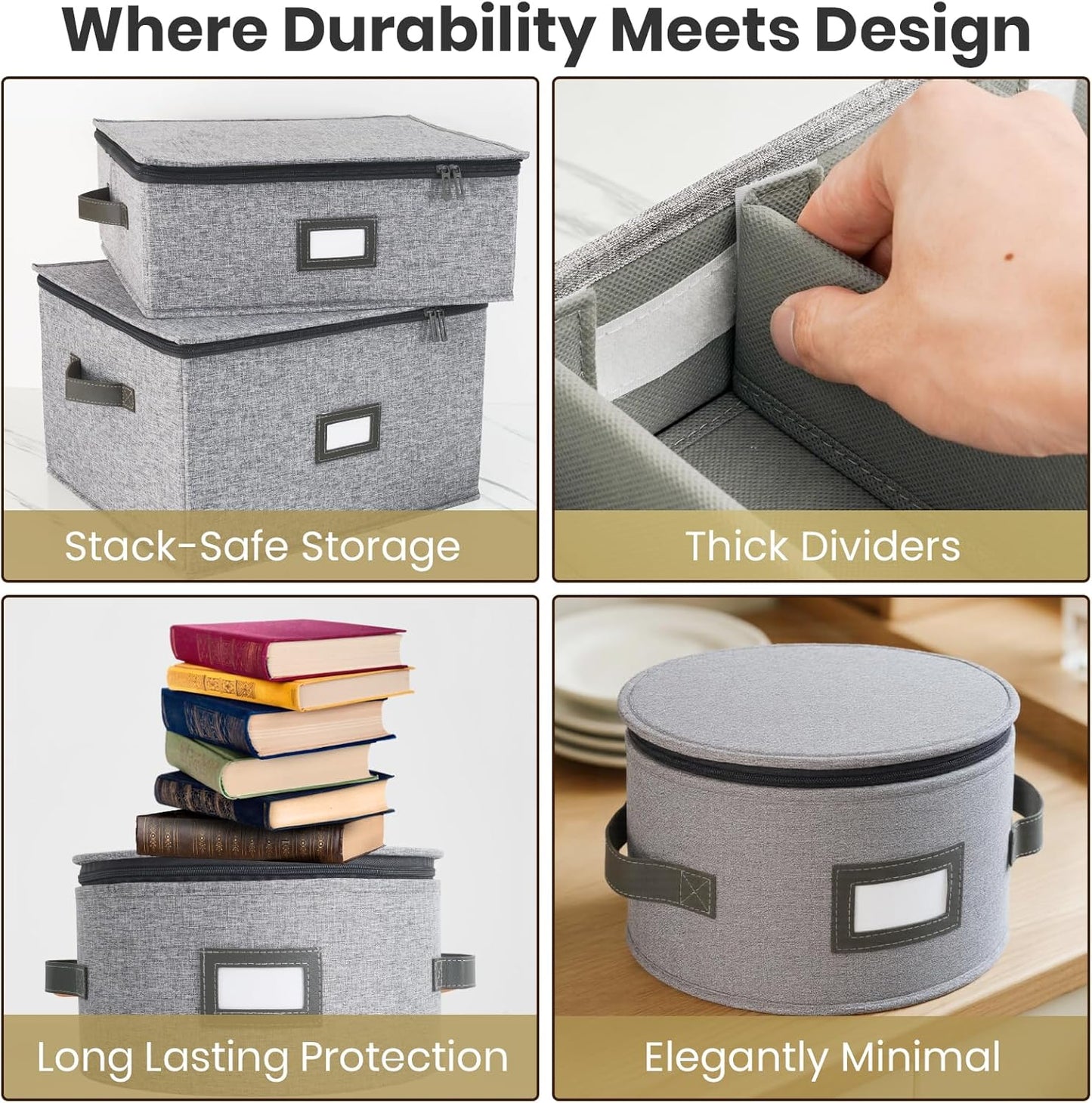 HOMELUX THEORY Plate Storage Box, 2pc 10"x8" Light Gray Hard Shell China Storage Containers, Kitchen Storage Bins With Lids, Heavy Duty Moving Box with Handles for Dishes, Dinner Plate & Dinnerware