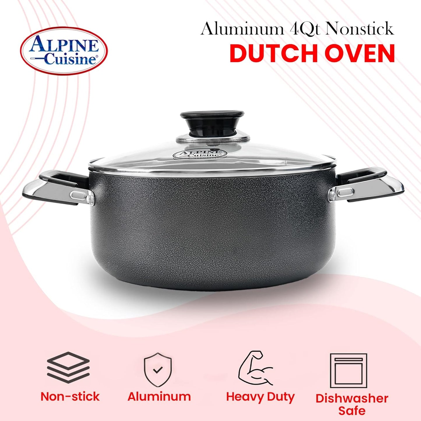 Alpine Cuisine 4 Quart Non-stick Stock Pot with Tempered Glass Lid and Carrying Handles, Multi-Purpose Cookware Aluminum Dutch Oven for Braising, Boiling, Stewing